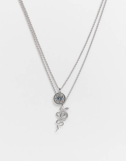 Topman – Silberfarbene, mehrreihige Halskette mit Amulett & Schlangenanhänger