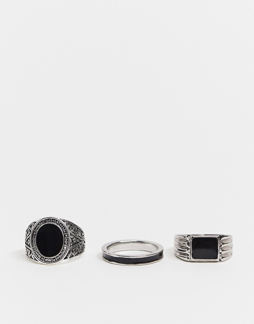Topman – Silverfärgad graverad ring i 3-pack med svart sten