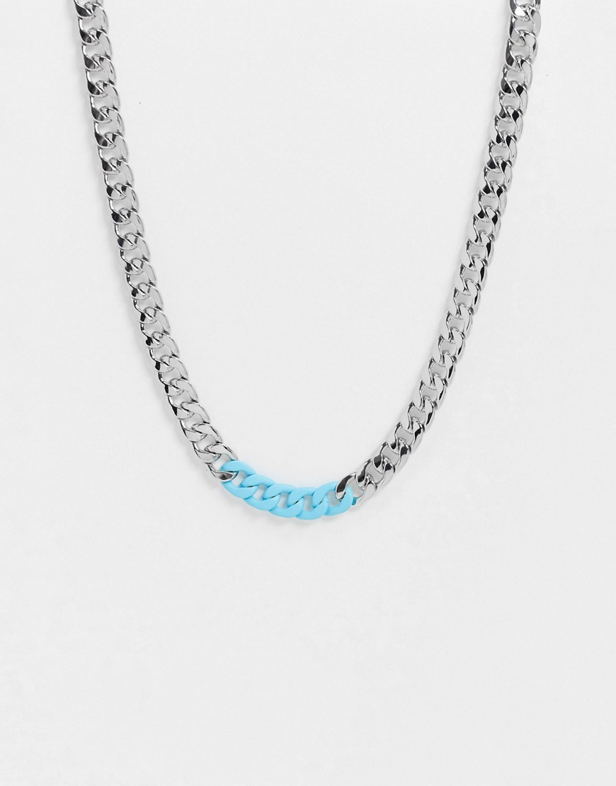 Topman - Silverfärgad halskedja i grov modell med pastellblå länkar