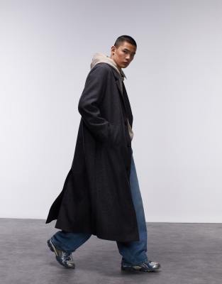 Topman Oversized Overcoat Jacket In Black-gray