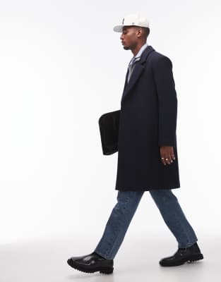 Topman Single Breasted Overcoat In Navy
