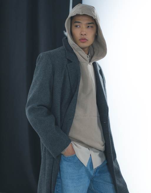 Topman Single Breasted Overcoat with Wool in Gray-Black