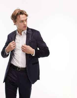 Shop Topman Skinny Single Breasted Velvet Blazer With Tipping In Navy