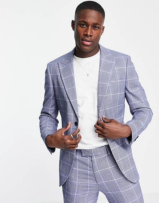 Topman single breasted skinny check suit jacket in blue