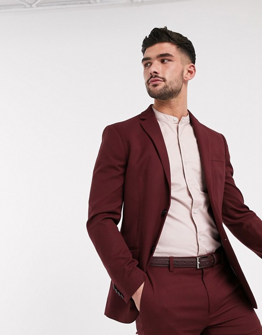 Topman skinny single breasted suit jacket with in burgundy
