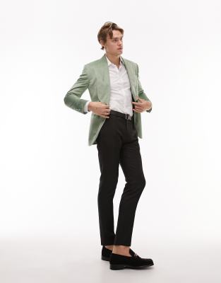 Topman single breasted skinny shawl collar velvet blazer in green - ASOS Price Checker