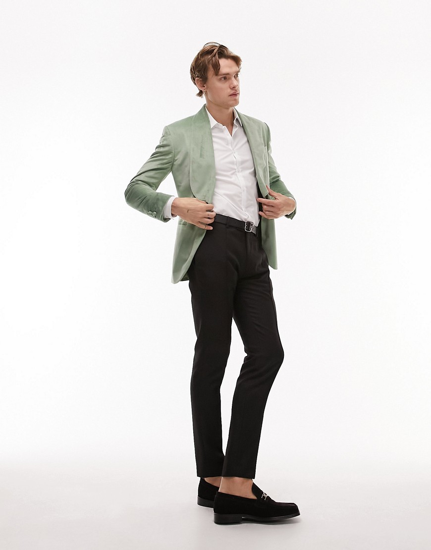 Topman Single Breasted Skinny Shawl Collar Velvet Blazer In Green