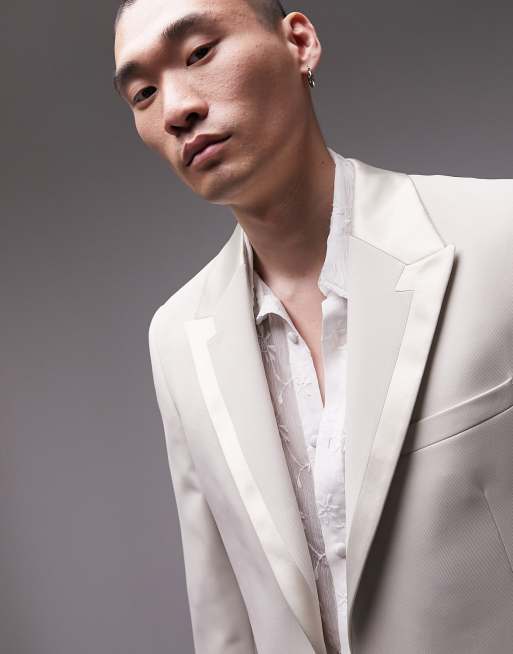 Topman - Single-breasted smal smokingjasje met een gekleurd randje in stone, 3 van 5