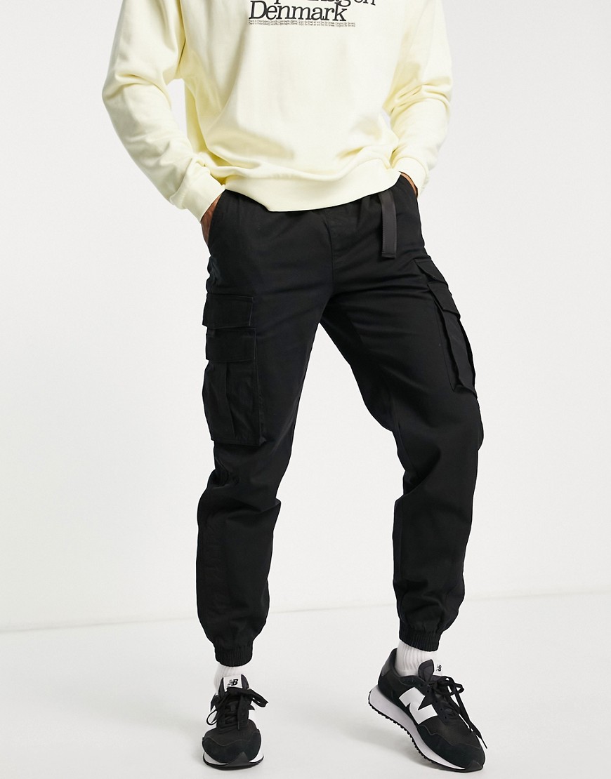 Topman skinny belted cargo pants with side panel in black
