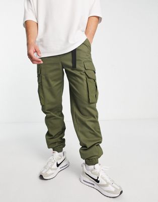 Topman skinny belted cargo trousers with side panel in khaki