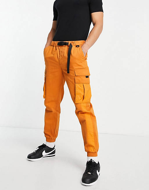 Men Topman skinny belted cargo trousers with side panel in orange 