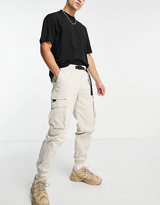  Topman skinny belted cargo trousers with side panel in stone 