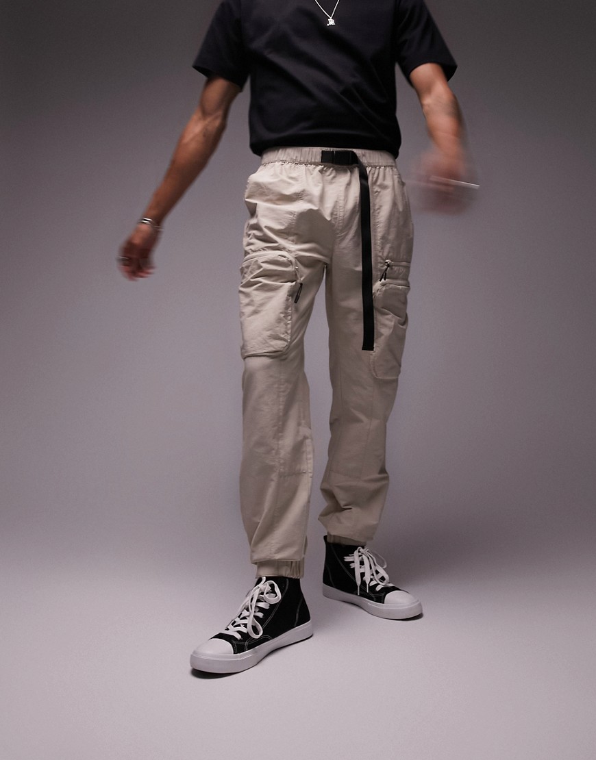 Topman skinny belted cut and sew cargo pants in stone-Neutral