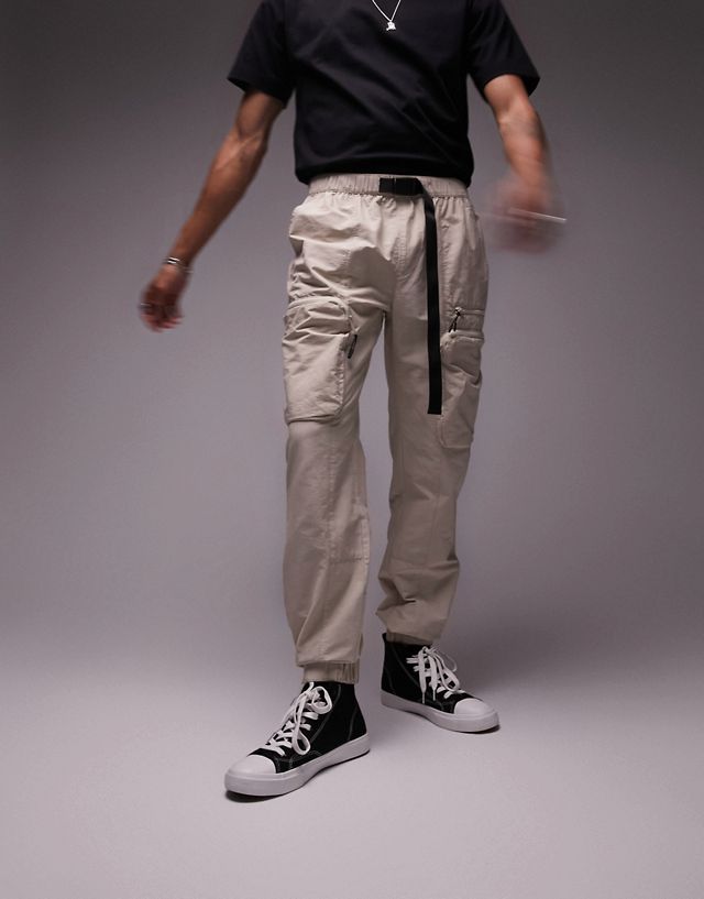 Topman skinny belted cut and sew cargo pants in stone