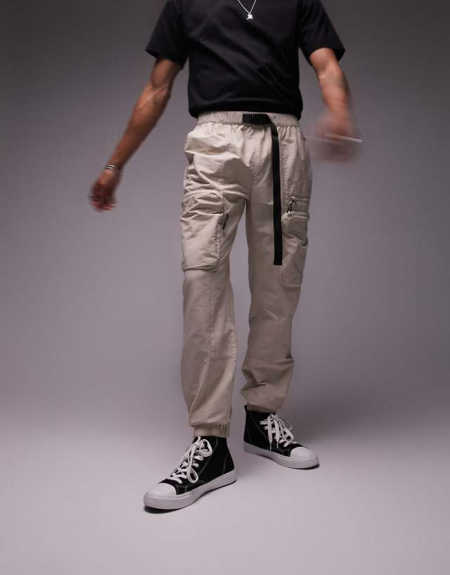 Topman skinny belted cut and sew cargo pants in stone