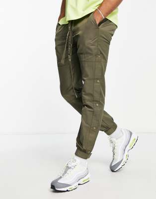 Topman skinny belted panelled trousers with poppers in khaki - ASOS Price Checker