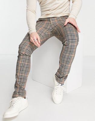 Topman skinny bright pupstooth check trousers in brown