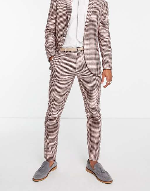 Topman - Skinny broek met kleine ruitjes in bruin