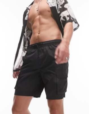 Topman Skinny Cargo Swim Shorts In Black