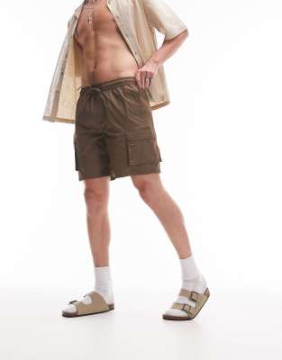 Topman Skinny Cargo Swim Shorts In Brown