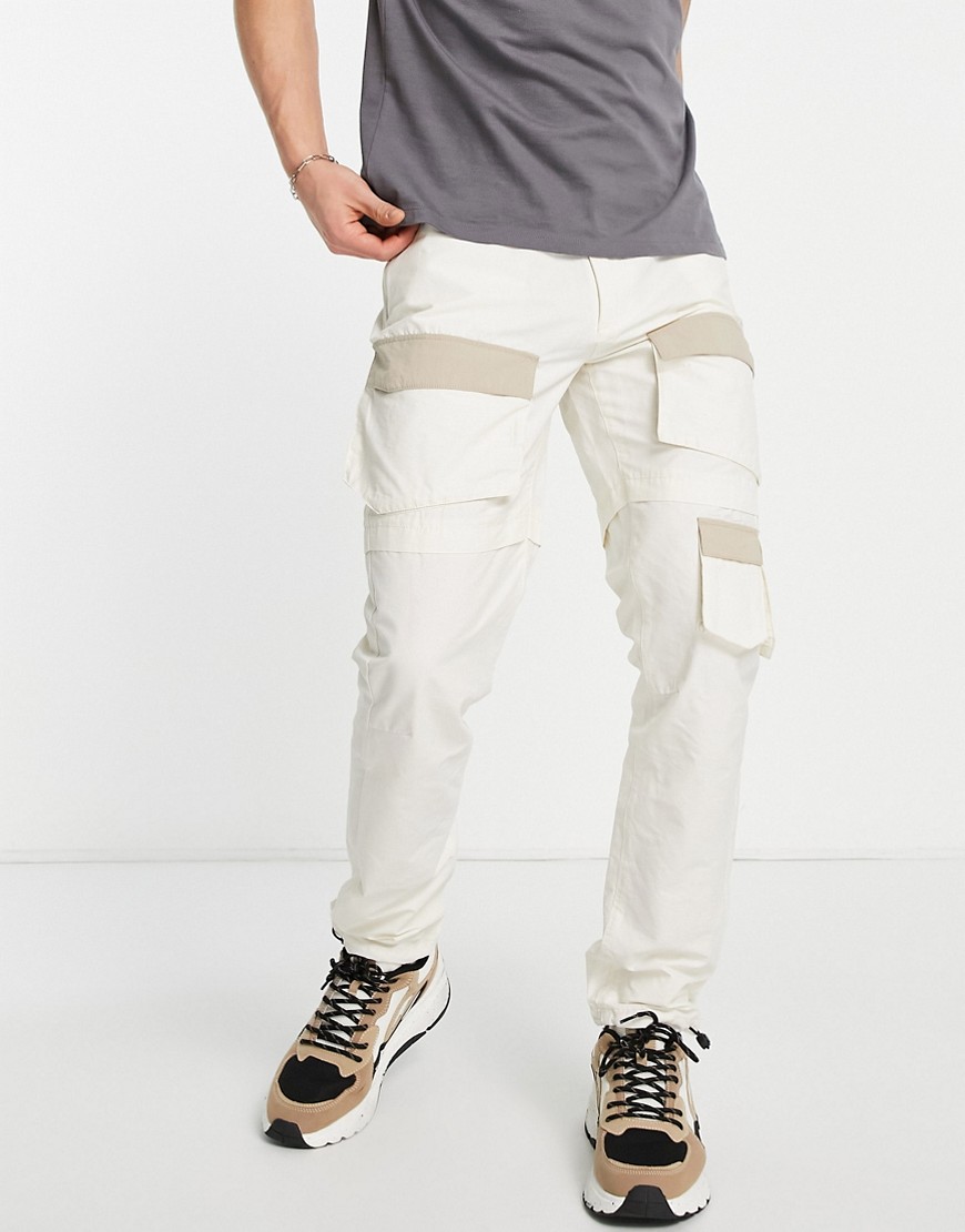 Topman skinny cargo trousers with elasticated cuff in off white