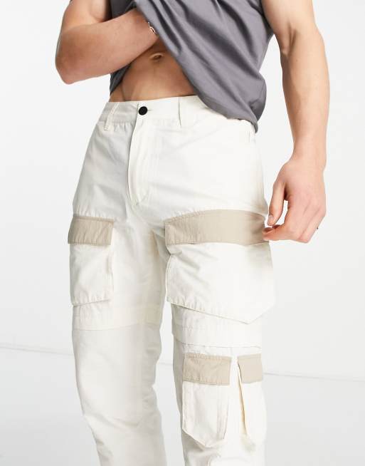 Topman skinny cargo trousers with elasticated cuff in off white