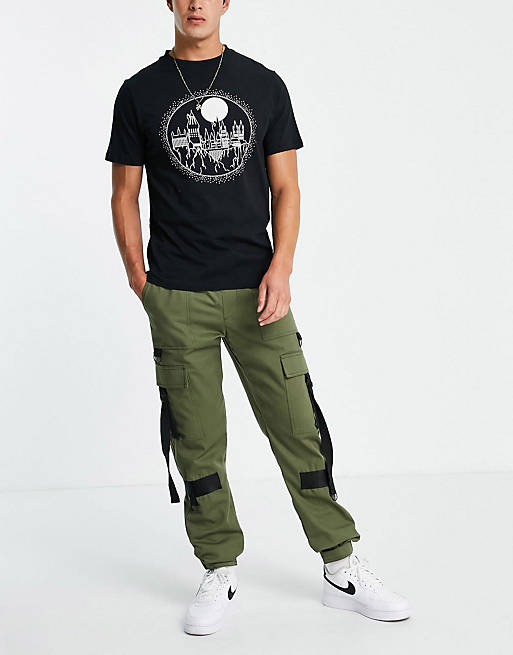 Topman skinny cargo trousers with webbing detailing in khaki