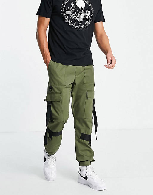  Topman skinny cargo trousers with webbing detailing in khaki 