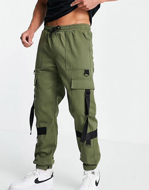  Topman skinny cargo trousers with webbing detailing in khaki 