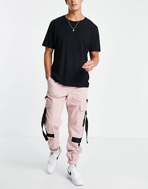 Topman skinny cargo trousers with webbing detailing in pink