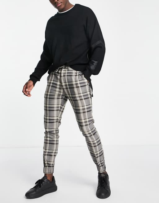 Topman skinny check joggers with zip detail cuffs in neutral | ASOS