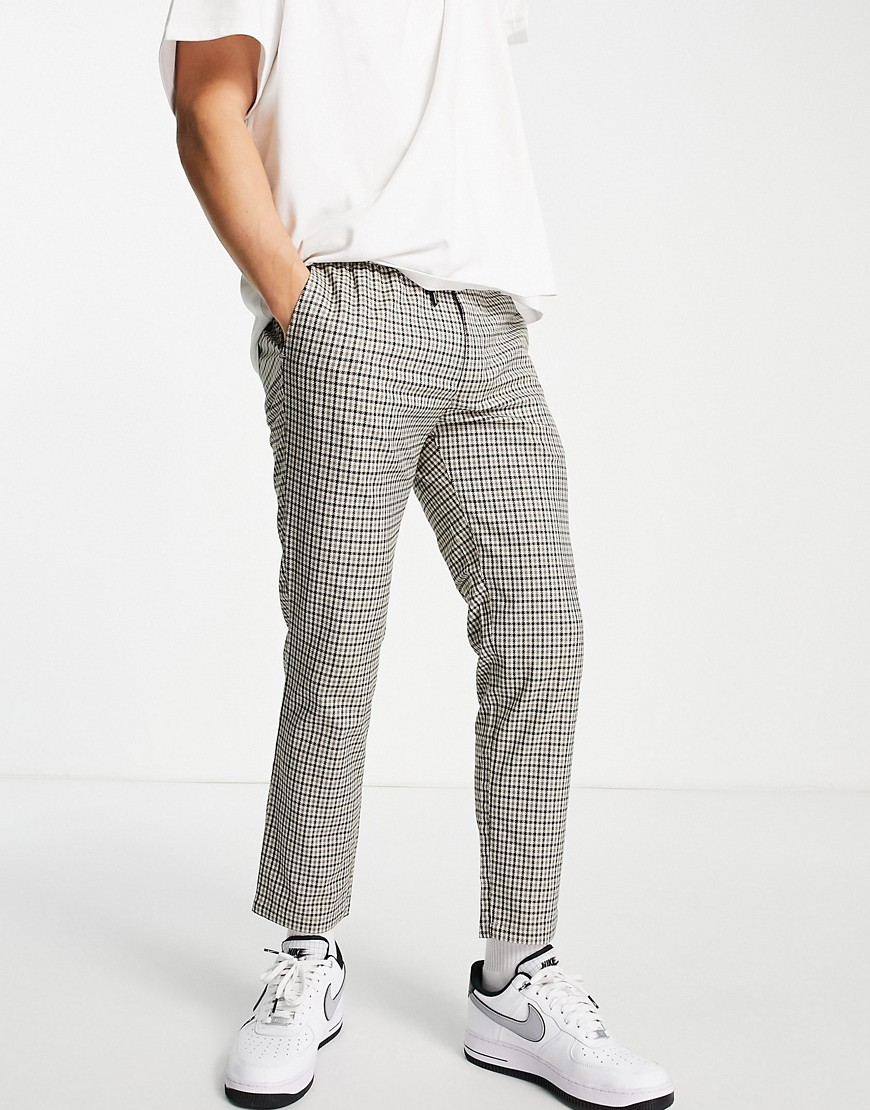 Topman Skinny Check Pants With Elasticated Waist In Stone-neutral