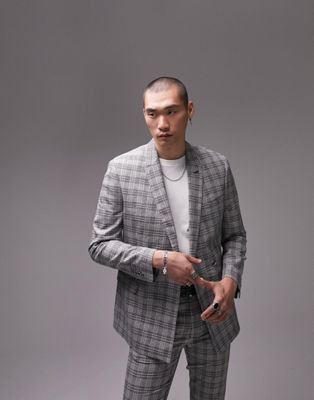 Topman skinny check suit jacket in grey