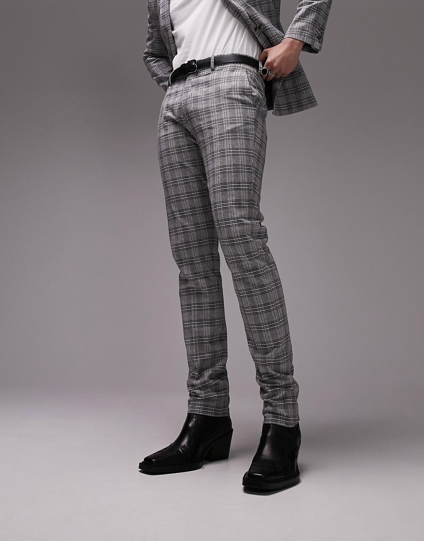 Topman skinny checked linen mix wedding suit trousers in grey