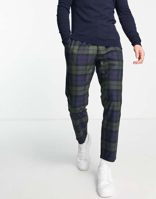 Topman skinny checked pants with elasticated waist in green