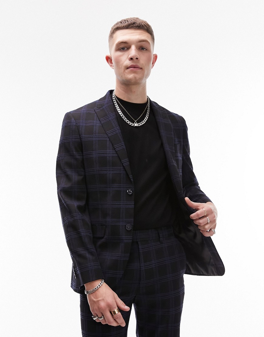 skinny checked suit jacket in navy