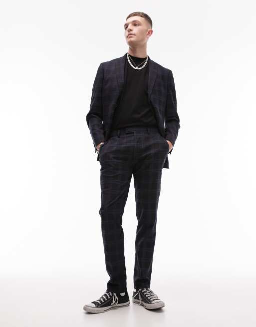 Topman skinny checked suit pants in navy