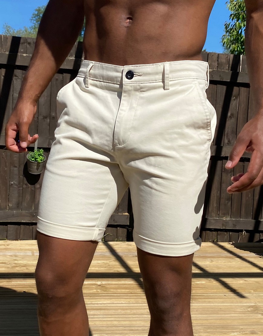 Topman Skinny Chino Shorts In Ecru-white