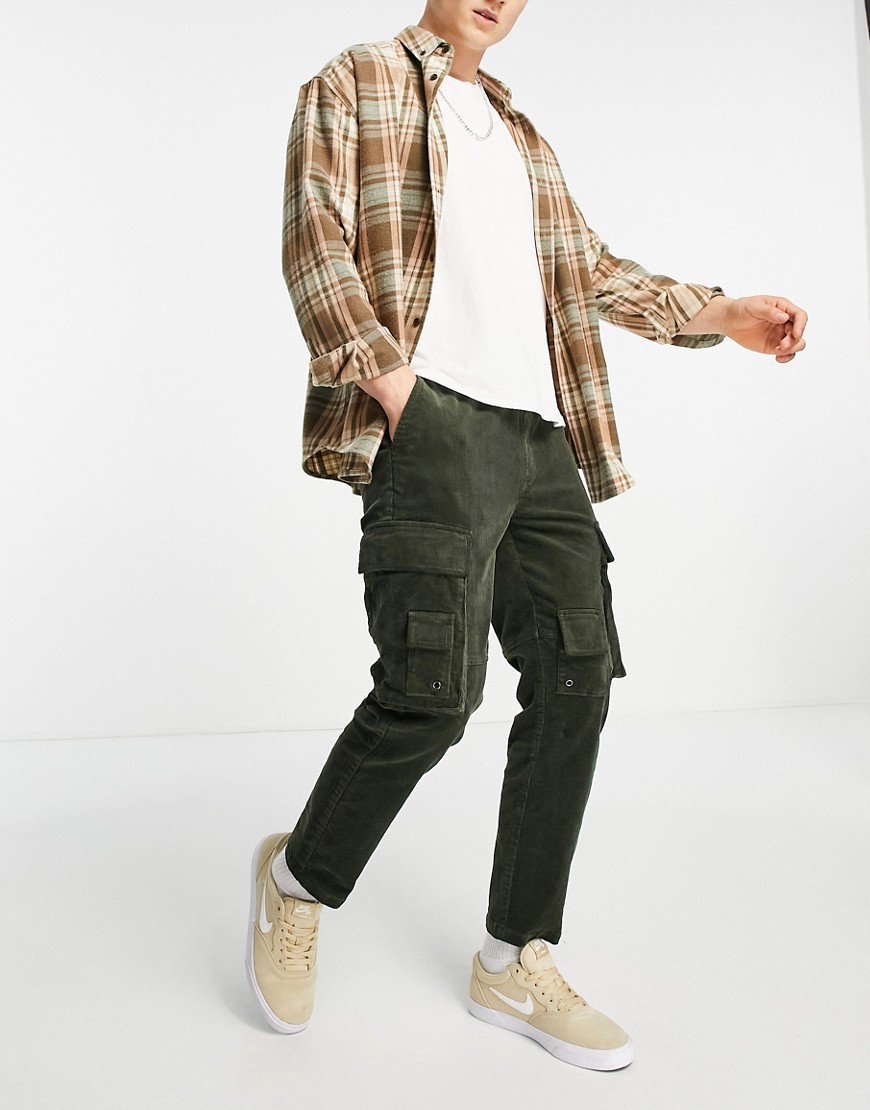 Topman Skinny Cord Multi Pocket Cargo Pants In Khaki-green