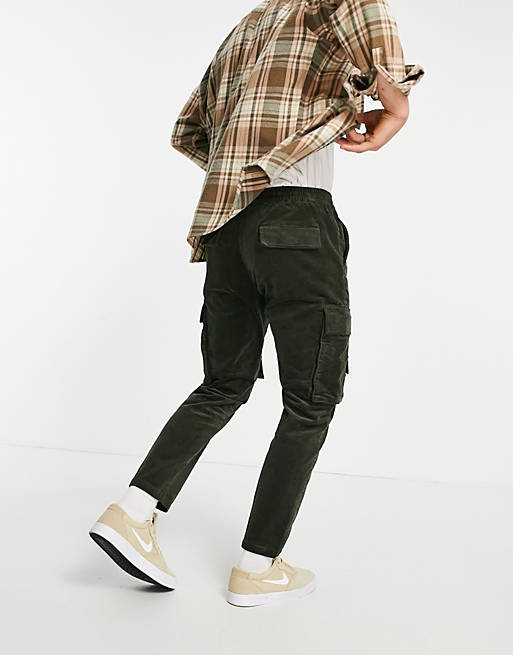  Topman skinny cord multi pocket cargo trousers in khaki 