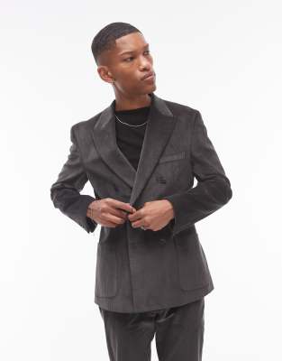 Topman skinny cord suit jacket in charcoal-Grey