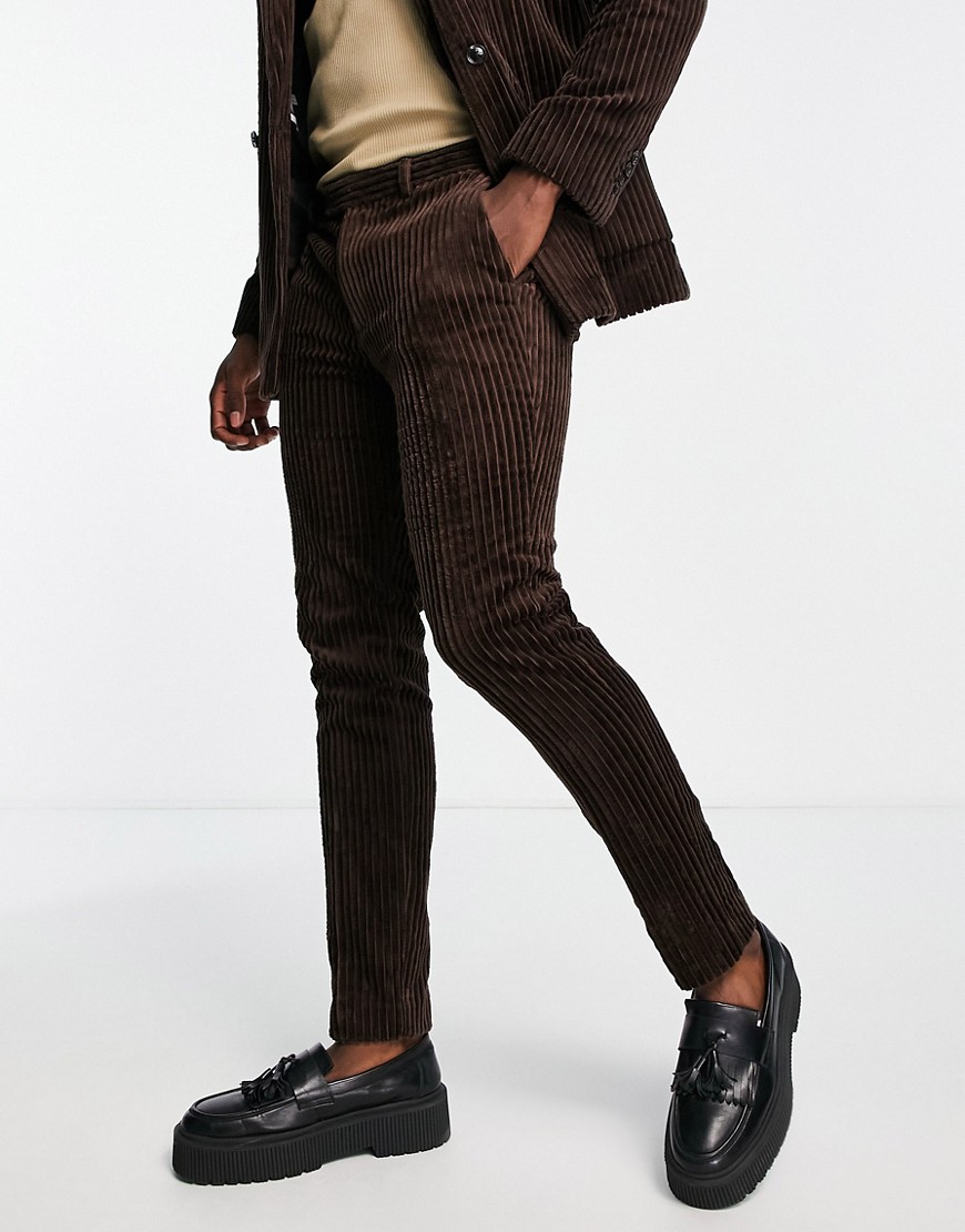 Topman skinny cord suit pants in brown