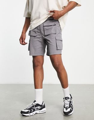 Topman skinny crinkle nylon cargo shorts in grey