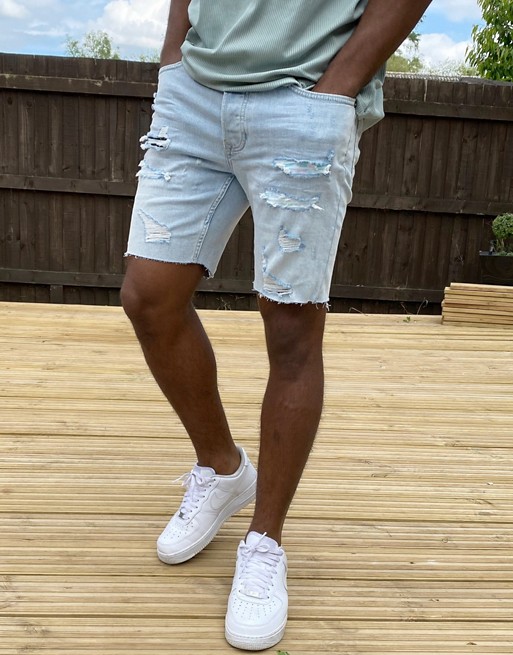 Topman skinny denim shorts with rip & repair in bleached blue | ASOS