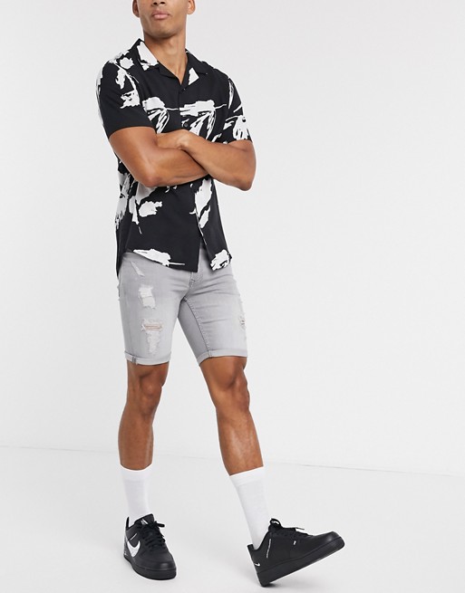 Topman skinny denim shorts with rips in grey