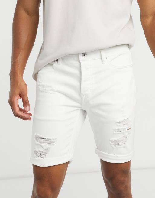 Topman skinny denim shorts with rips in white | ASOS