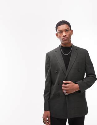 Topman skinny double breasted button large check suit jacket in green - ASOS Price Checker