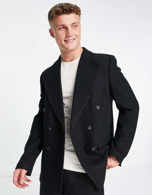 Topman Skinny Double Breasted Four Button Wool Mix Teddy Blazer In Black Asos 