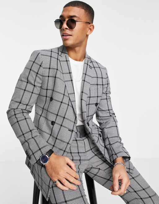 Topman skinny double breasted suit jacket in gray check ASOS