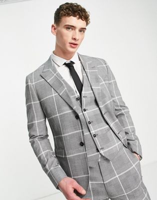 Topman skinny double breasted suit jacket in grey check